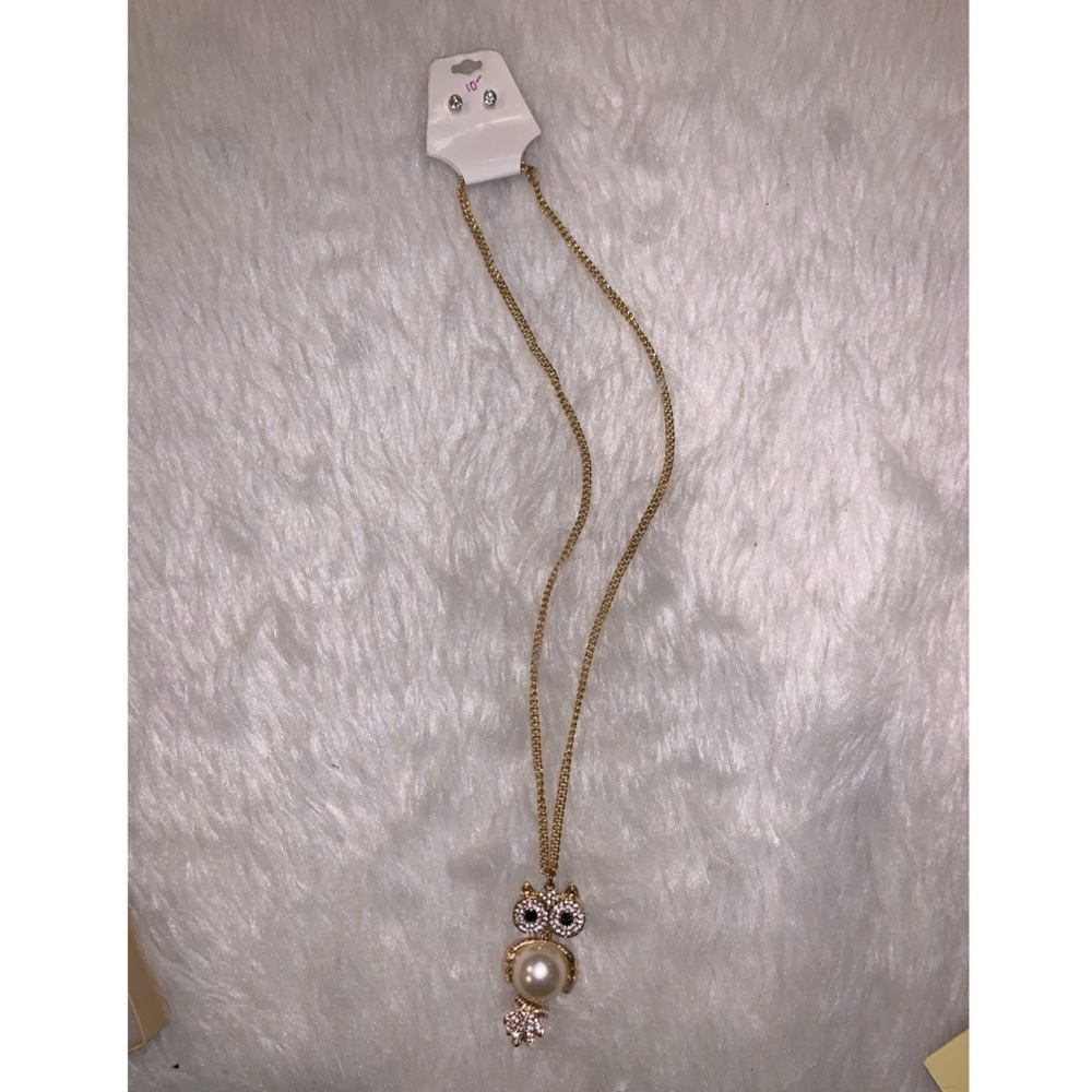 Long Owl/Pearl Necklace/Earring Set